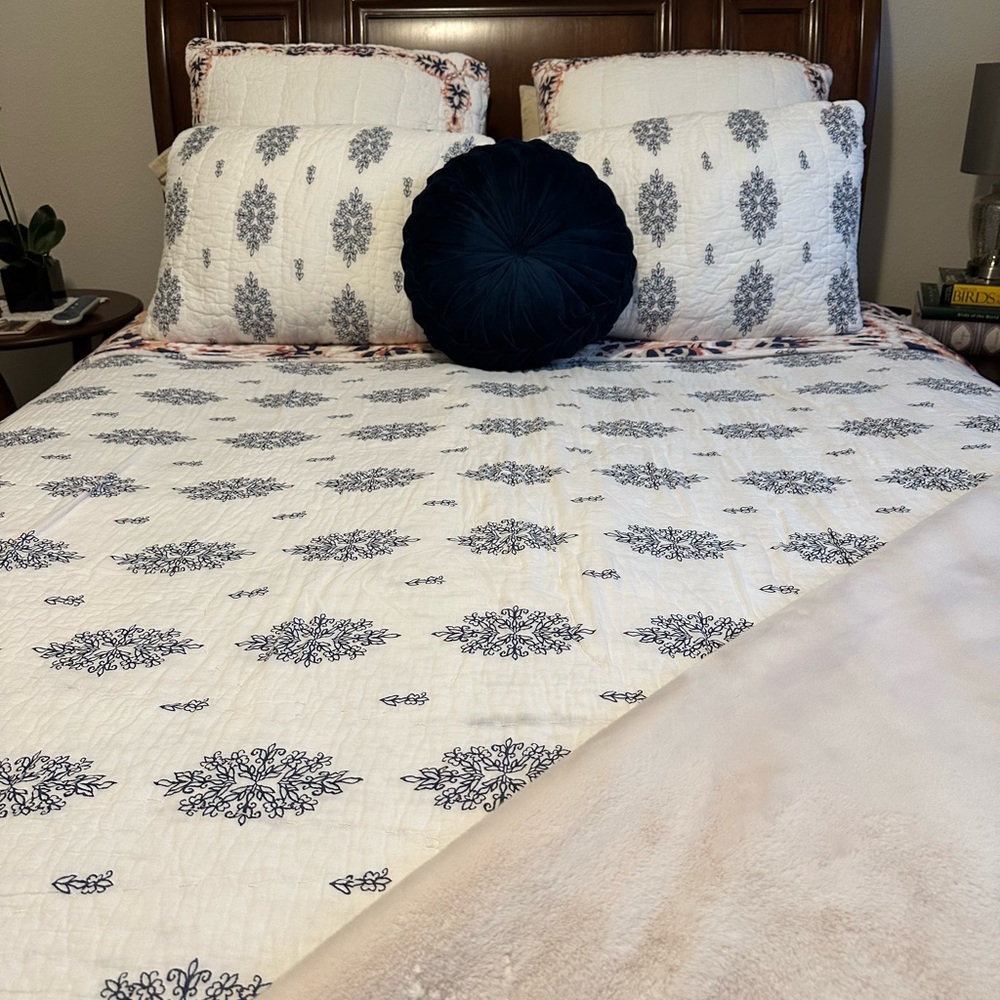 Anthropologie Blue and White Floral Quilt Set